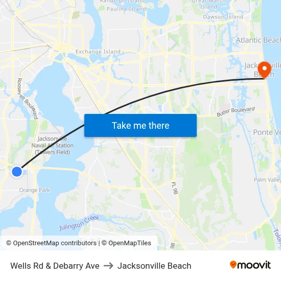 Wells Rd & Debarry Ave to Jacksonville Beach map