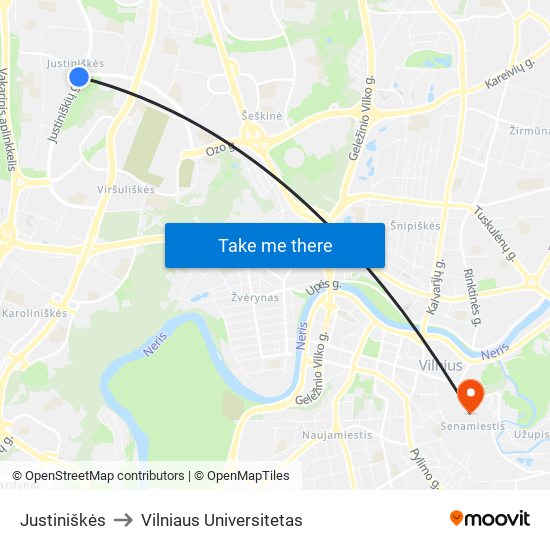 Justiniškės to Vilniaus Universitetas map