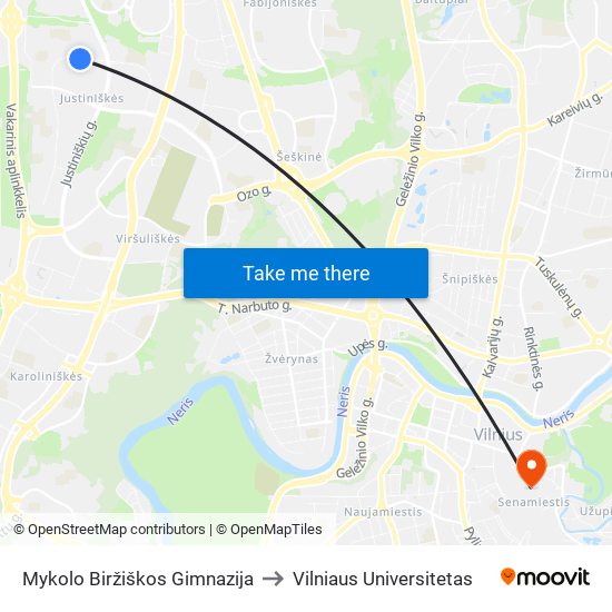 Mykolo Biržiškos Gimnazija to Vilniaus Universitetas map