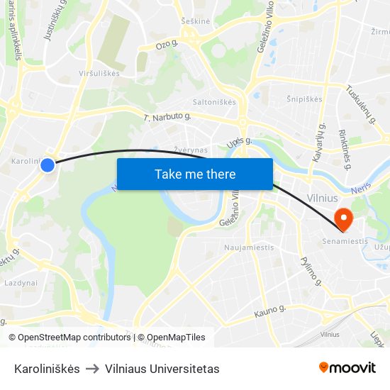 Karoliniškės to Vilniaus Universitetas map