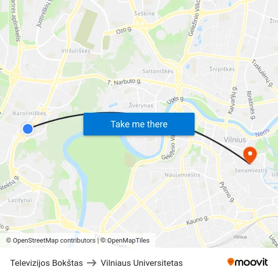 Televizijos Bokštas to Vilniaus Universitetas map