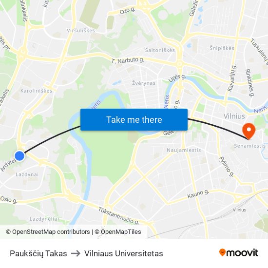 Paukščių Takas to Vilniaus Universitetas map