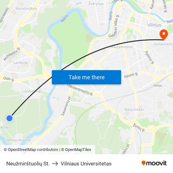 Neužmirštuolių St. to Vilniaus Universitetas map