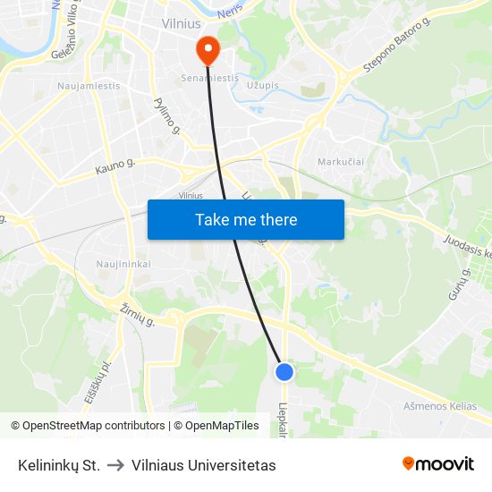 Kelininkų St. to Vilniaus Universitetas map