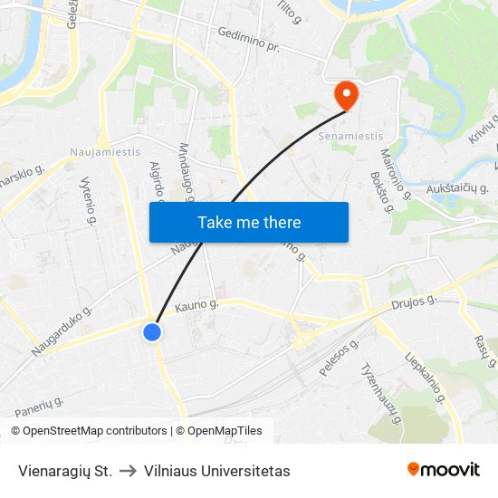 Vienaragių St. to Vilniaus Universitetas map