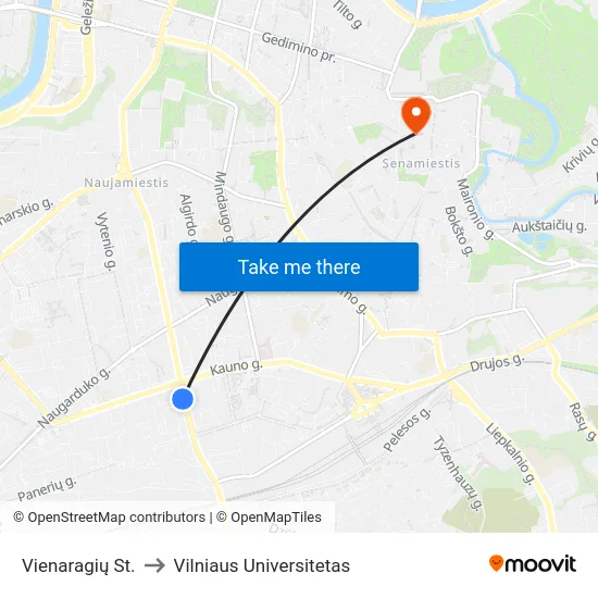 Vienaragių St. to Vilniaus Universitetas map