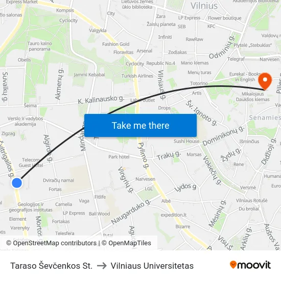 Taraso Ševčenkos St. to Vilniaus Universitetas map
