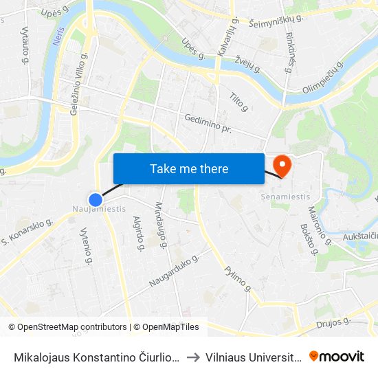 Mikalojaus Konstantino Čiurlionio St. to Vilniaus Universitetas map
