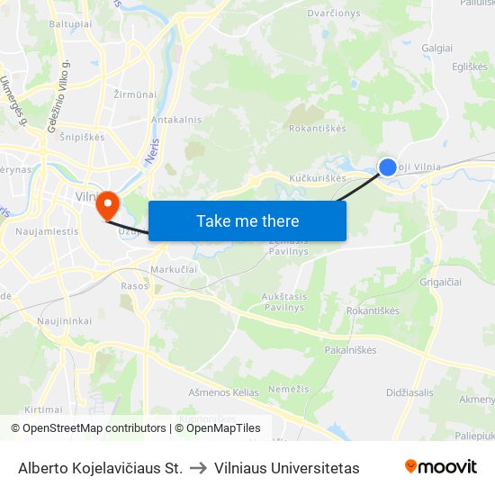 Alberto Kojelavičiaus St. to Vilniaus Universitetas map