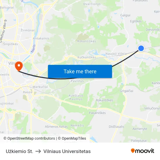 Užkiemio St. to Vilniaus Universitetas map
