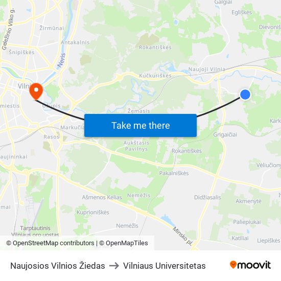 Naujosios Vilnios Žiedas to Vilniaus Universitetas map