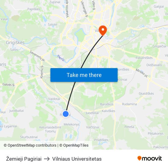 Žemieji Pagiriai to Vilniaus Universitetas map