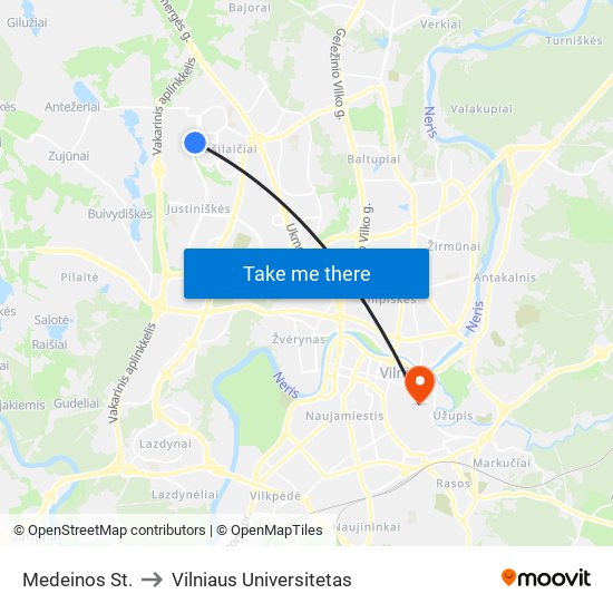 Medeinos St. to Vilniaus Universitetas map