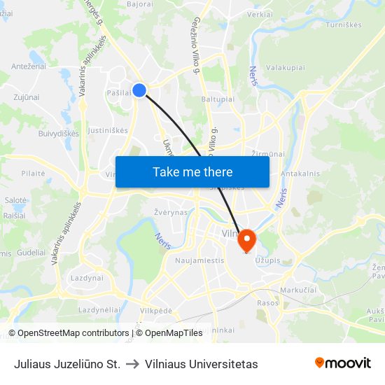 Juliaus Juzeliūno St. to Vilniaus Universitetas map