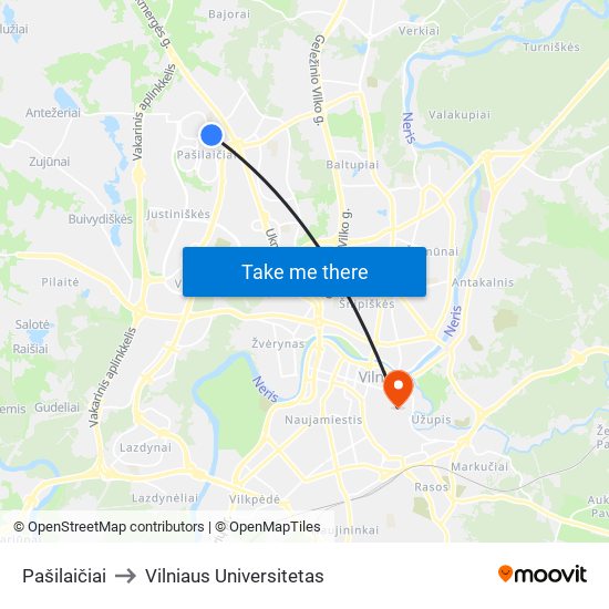 Pašilaičiai to Vilniaus Universitetas map