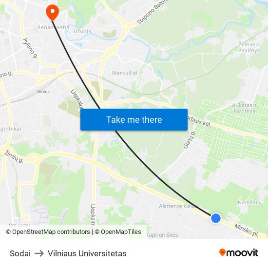 Sodai to Vilniaus Universitetas map