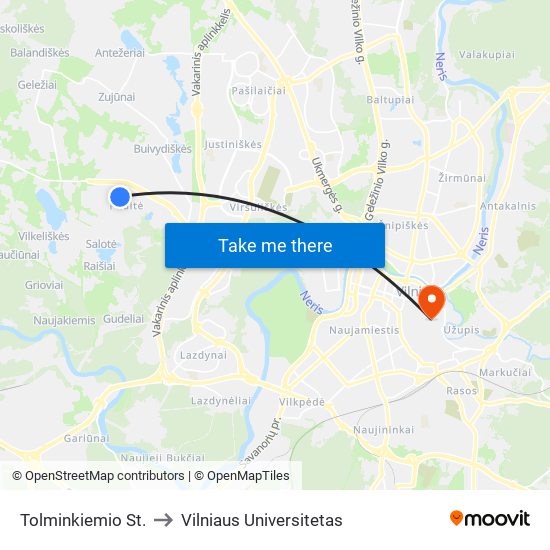 Tolminkiemio St. to Vilniaus Universitetas map
