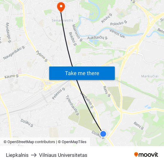 Liepkalnis to Vilniaus Universitetas map