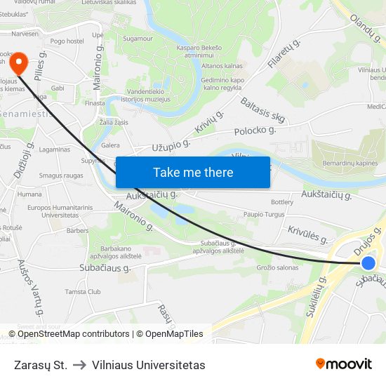 Zarasų St. to Vilniaus Universitetas map