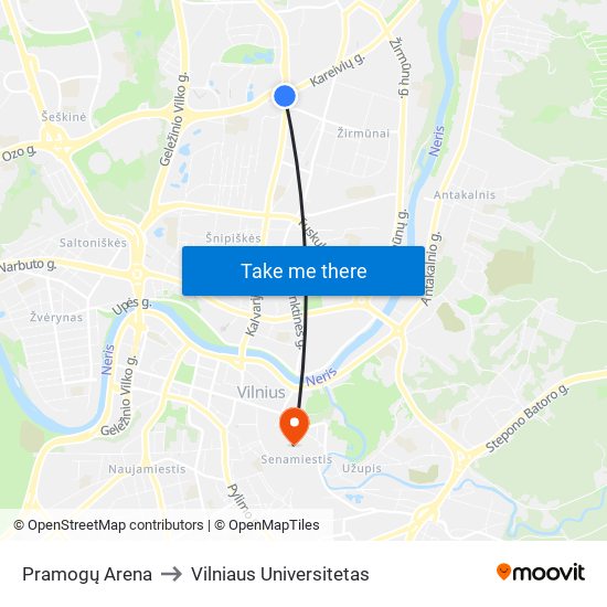 Pramogų Arena to Vilniaus Universitetas map