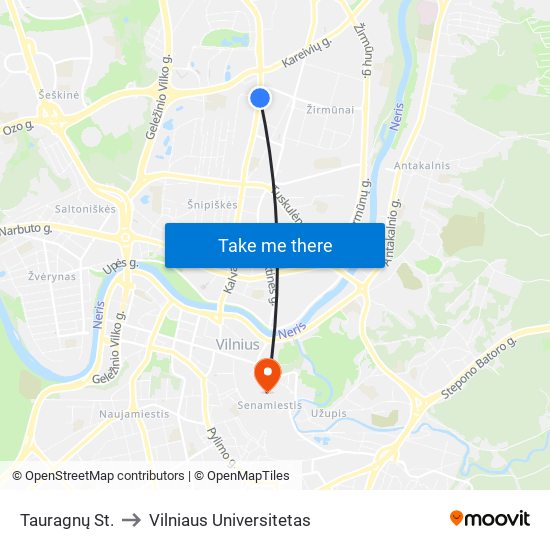 Tauragnų St. to Vilniaus Universitetas map