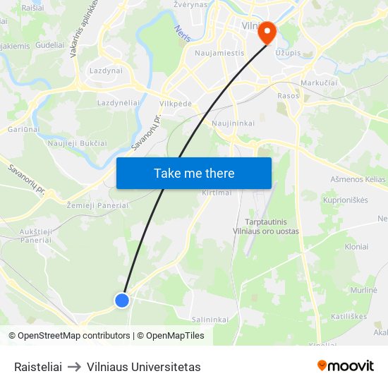 Raisteliai to Vilniaus Universitetas map