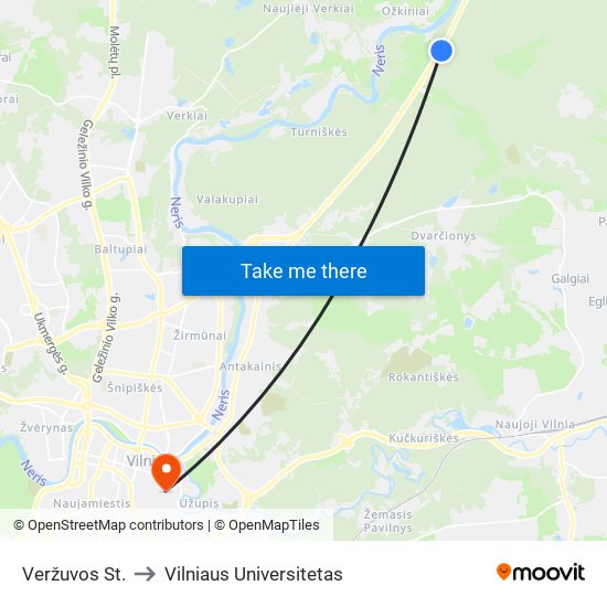 Veržuvos St. to Vilniaus Universitetas map