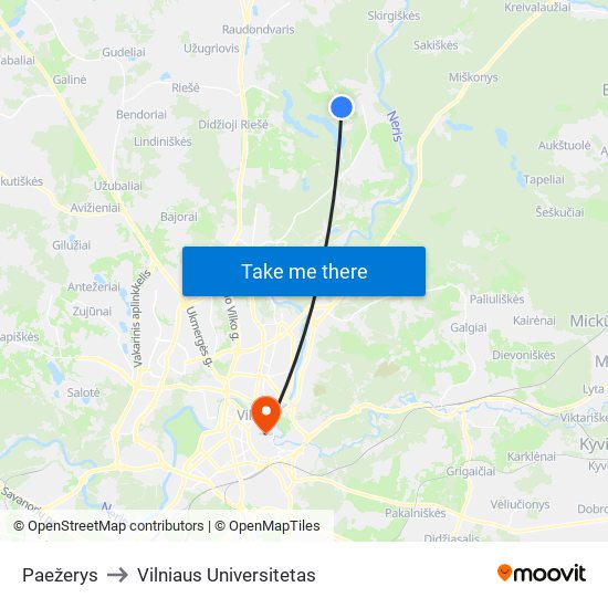 Paežerys to Vilniaus Universitetas map