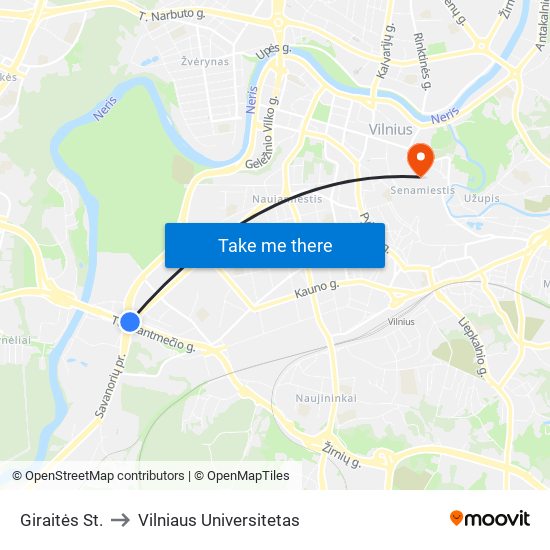 Giraitės St. to Vilniaus Universitetas map