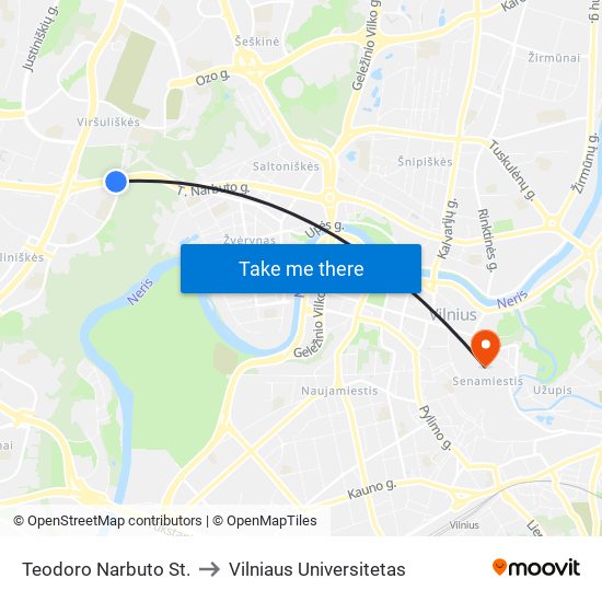 Teodoro Narbuto St. to Vilniaus Universitetas map