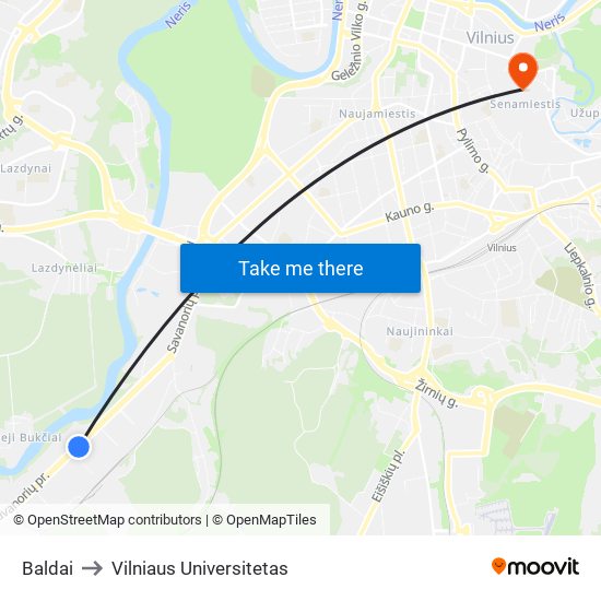 Baldai to Vilniaus Universitetas map