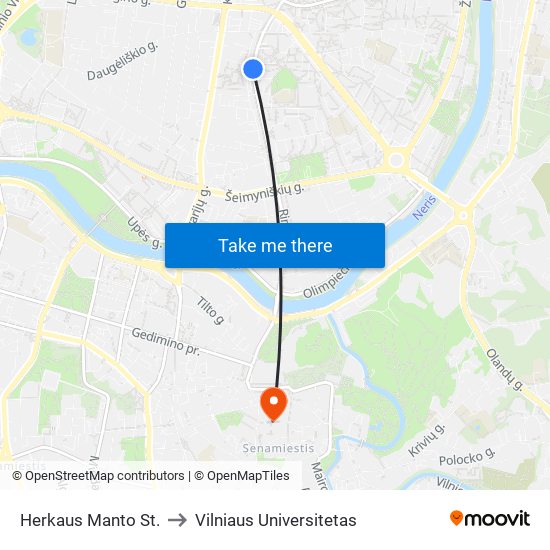 Herkaus Manto St. to Vilniaus Universitetas map