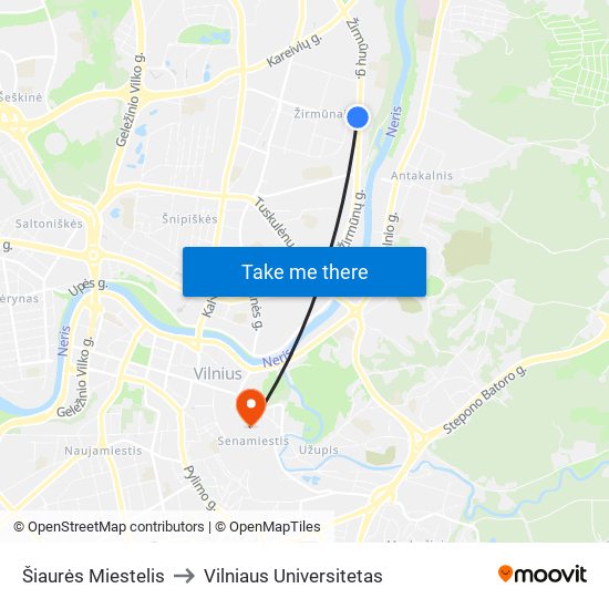 Šiaurės Miestelis to Vilniaus Universitetas map