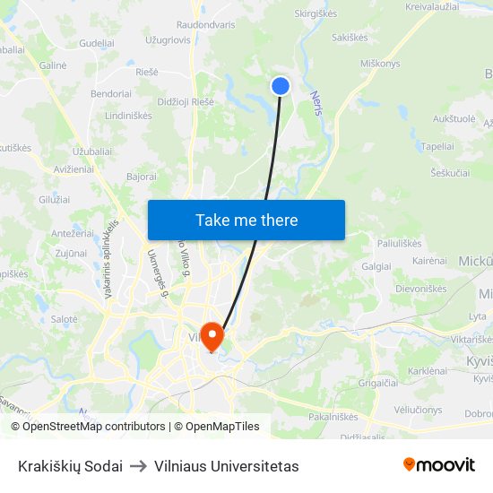 Krakiškių Sodai to Vilniaus Universitetas map