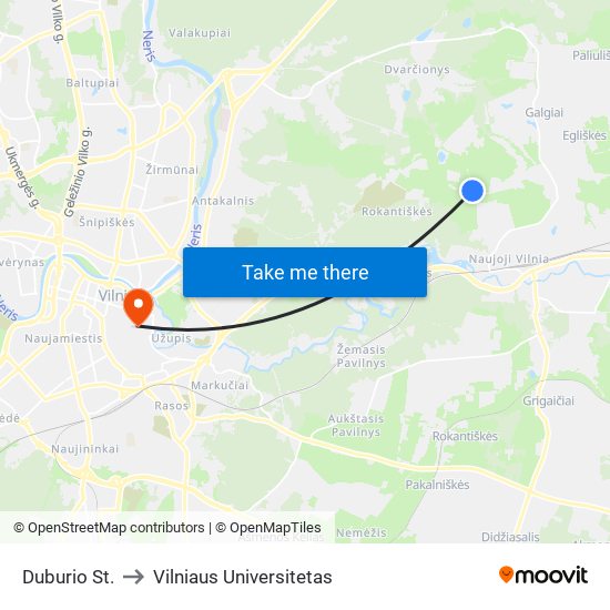 Duburio St. to Vilniaus Universitetas map