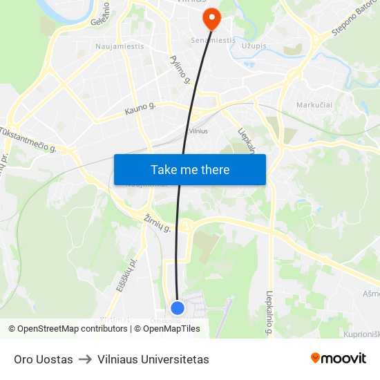 Oro Uostas to Vilniaus Universitetas map
