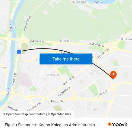 Eigulių Šlaitas to Kauno Kolegijos Administracija map
