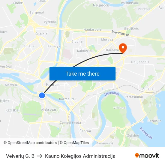 Veiverių G. B to Kauno Kolegijos Administracija map