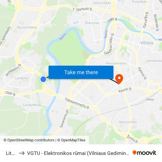Litexpo to VGTU - Elektronikos rūmai (Vilniaus Gedimino technikos universitetas) map