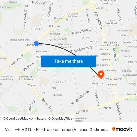Vingis to VGTU - Elektronikos rūmai (Vilniaus Gedimino technikos universitetas) map