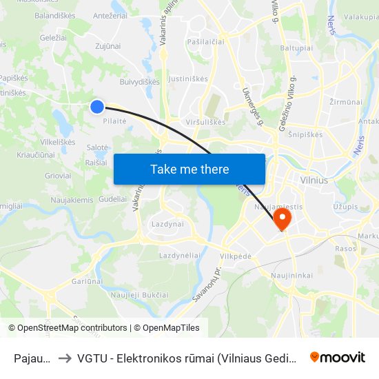 Pajautos St. to VGTU - Elektronikos rūmai (Vilniaus Gedimino technikos universitetas) map