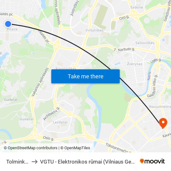 Tolminkiemio St. to VGTU - Elektronikos rūmai (Vilniaus Gedimino technikos universitetas) map