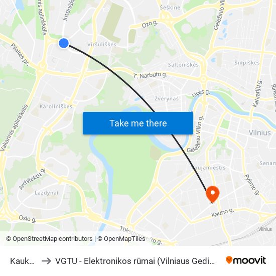 Kaukaro St. to VGTU - Elektronikos rūmai (Vilniaus Gedimino technikos universitetas) map