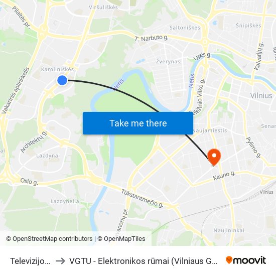 Televizijos Bokštas to VGTU - Elektronikos rūmai (Vilniaus Gedimino technikos universitetas) map