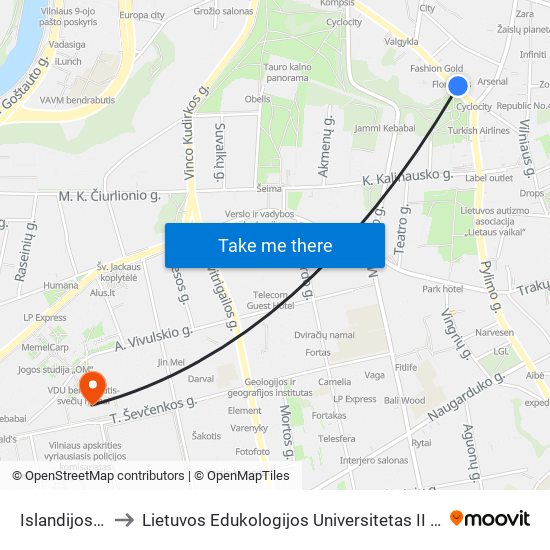 Islandijos St. to Lietuvos Edukologijos Universitetas II Rumai map