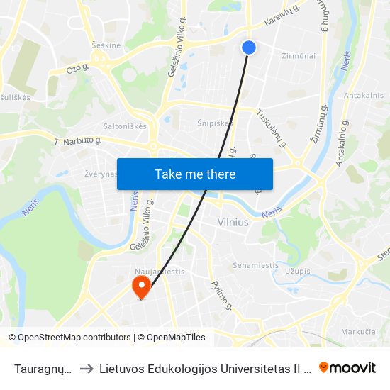 Tauragnų St. to Lietuvos Edukologijos Universitetas II Rumai map