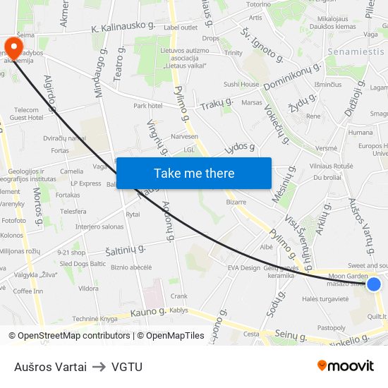 Aušros Vartai to VGTU map