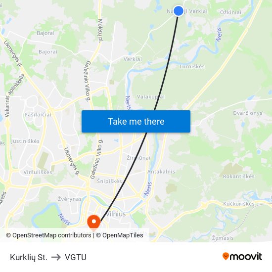Kurklių St. to VGTU map