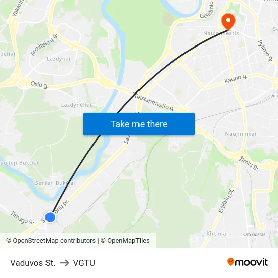 Vaduvos St. to VGTU map