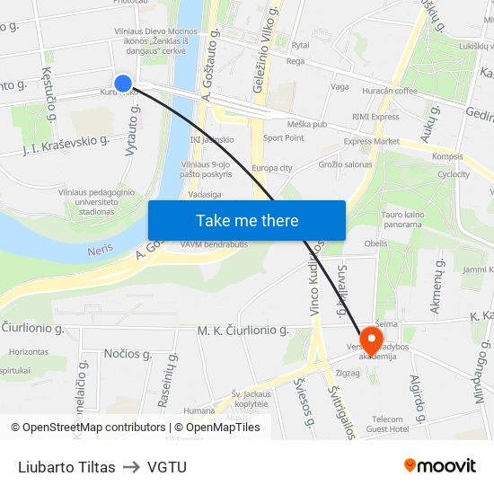 Liubarto Tiltas to VGTU map